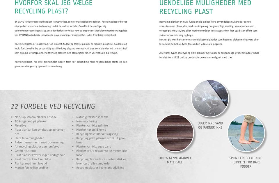 Med elementer i recyclingplast kan BY BANG udarbejde individuelle projektløsninger i høj kvalitet - uden fremtidig vedligehold. Recyclingplasten er massivt og i top-kvalitet.
