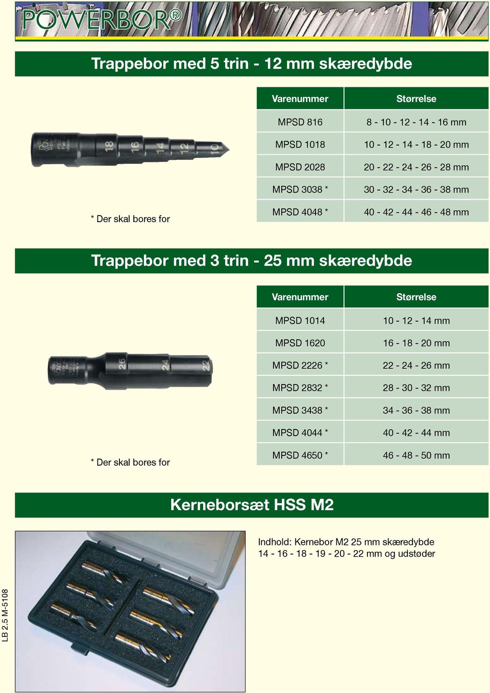 Varenummer MPSD 1014 MPSD 1620 MPSD 2226 * MPSD 2832 * MPSD 3438 * MPSD 4044 * MPSD 4650 * Størrelse 10-12 - 14 mm 16-18 - 20 mm 22-24 - 26 mm 28-30 -