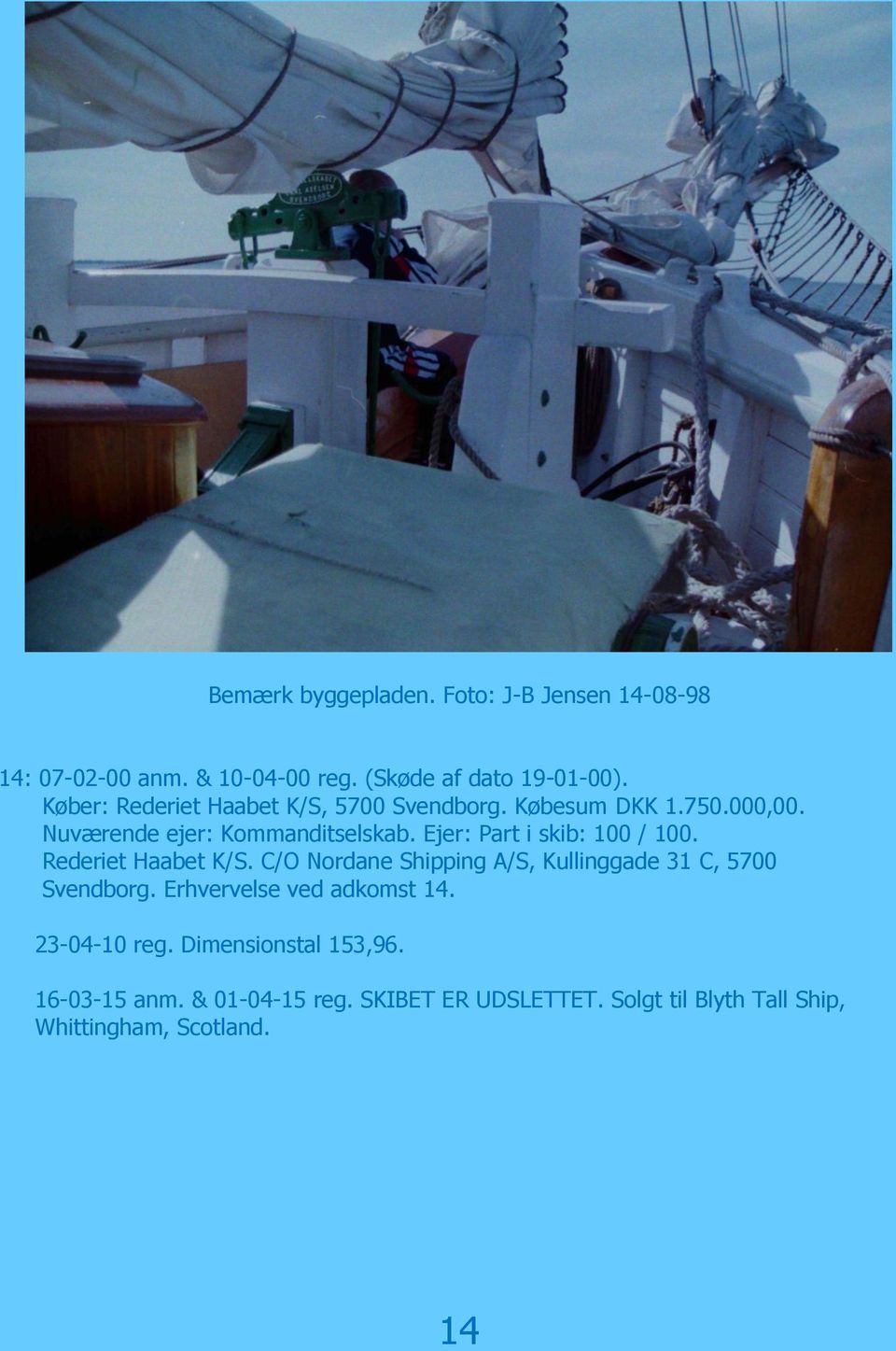 Ejer: Part i skib: 100 / 100. Rederiet Haabet K/S. C/O Nordane Shipping A/S, Kullinggade 31 C, 5700 Svendborg.
