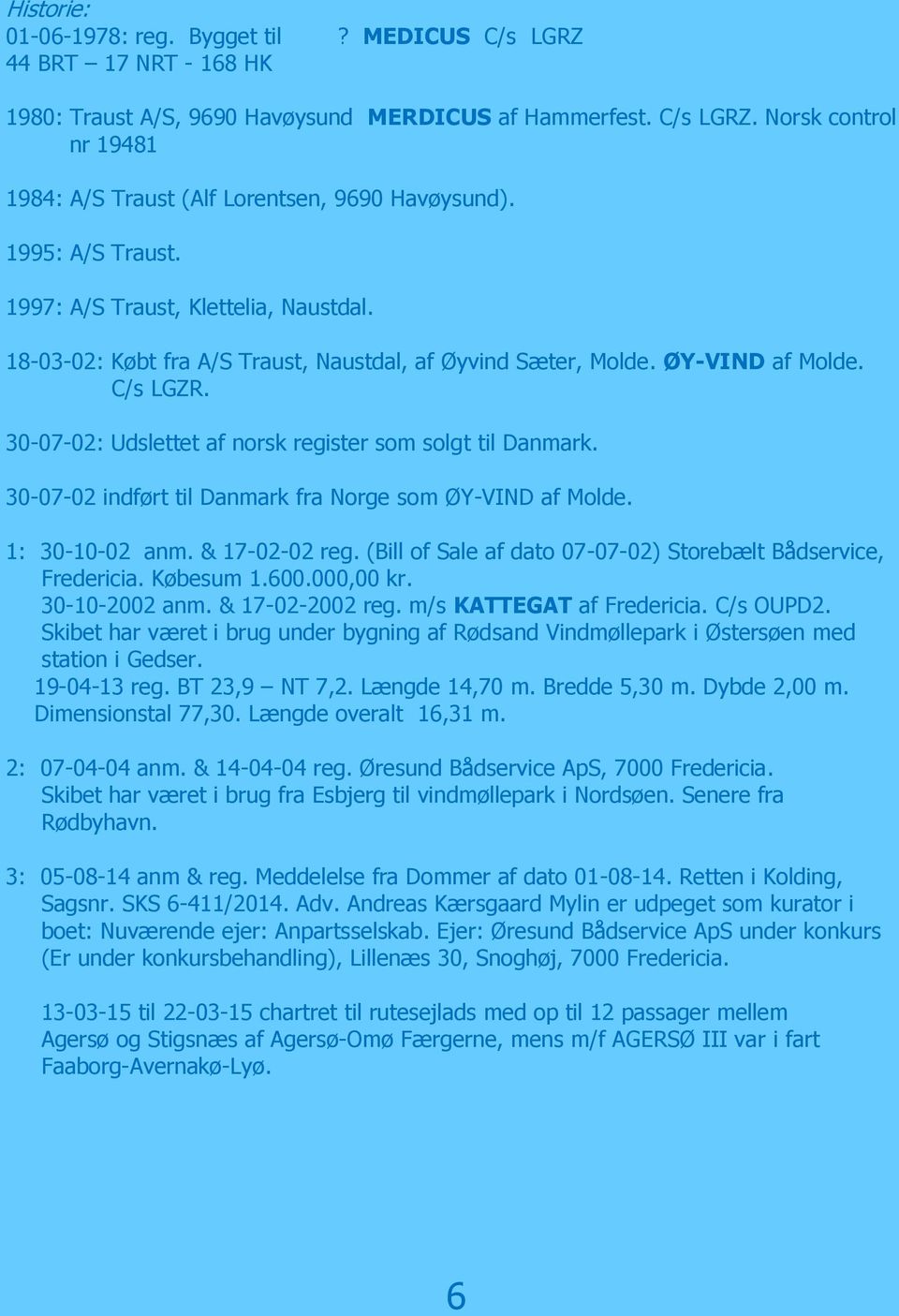 30-07-02: Udslettet af norsk register som solgt til Danmark. 30-07-02 indført til Danmark fra Norge som ØY-VIND af Molde. 1: 30-10-02 anm. & 17-02-02 reg.