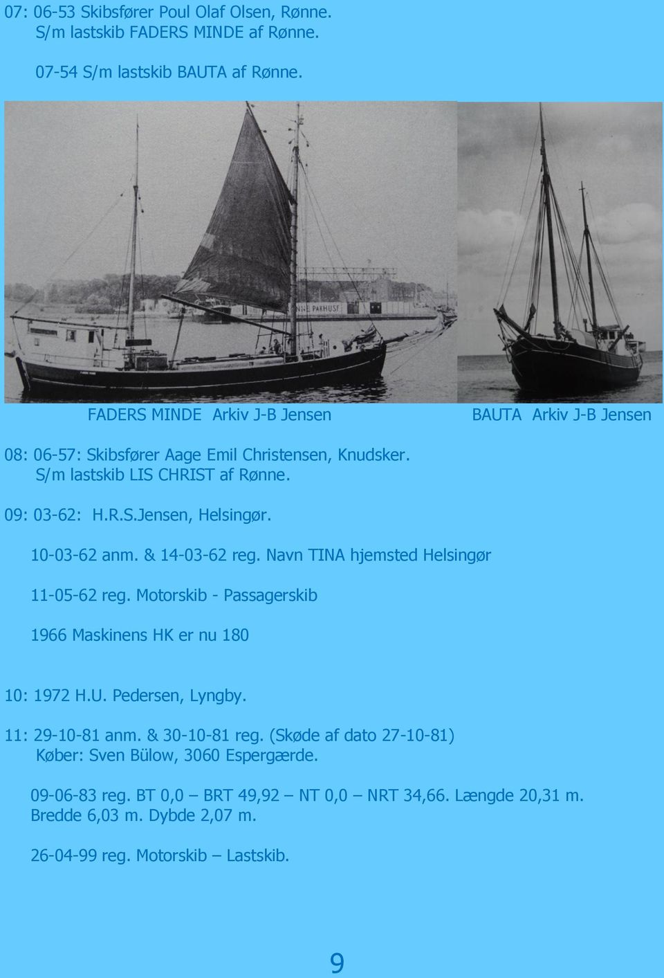 10-03-62 anm. & 14-03-62 reg. Navn TINA hjemsted Helsingør 11-05-62 reg. Motorskib - Passagerskib 1966 Maskinens HK er nu 180 10: 1972 H.U. Pedersen, Lyngby.