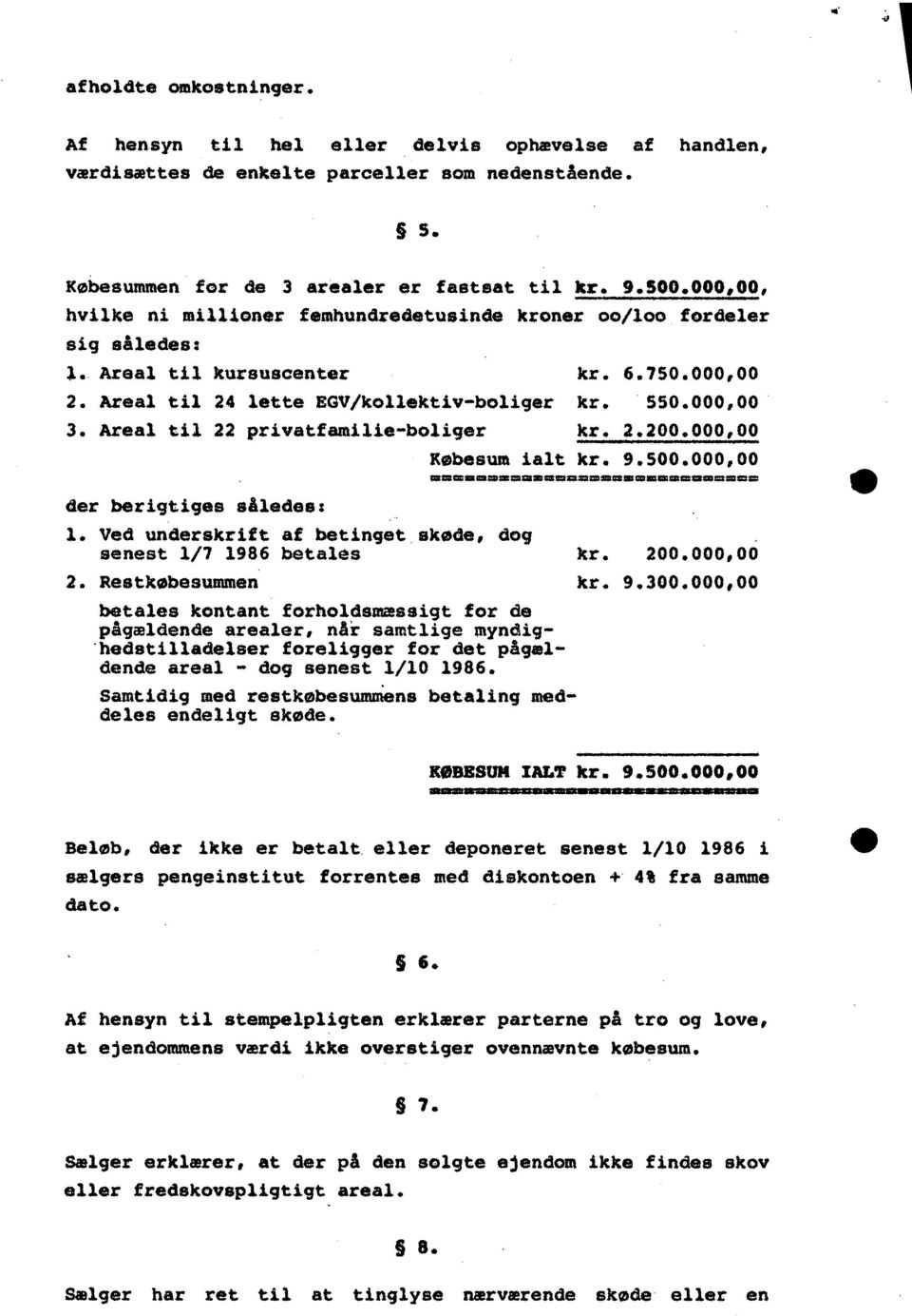 Areal til 22 privatfamilie-boliger kr. 2.200.000,00 der berigtiges således: 1. Ved underskrift af betinget skøde, dog senest 1/7 1986 betales 2.