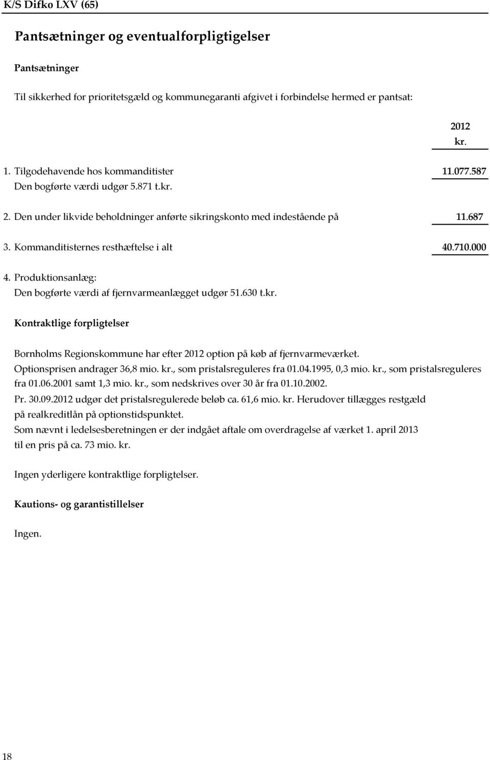 Produktionsanlæg: Den bogførte værdi af fjernvarmeanlægget udgør 51.630 t.kr. Kontraktlige forpligtelser Bornholms Regionskommune har efter 2012 option på køb af fjernvarmeværket.