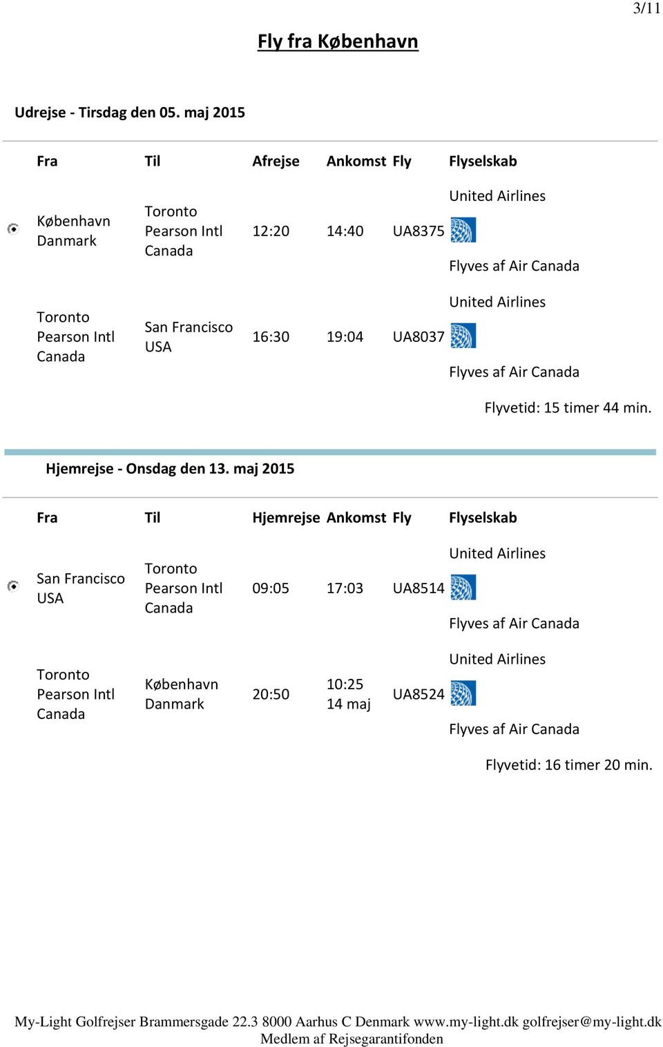 12:20 14:40 UA8375 Flyves af Air Canada United Airlines 16:30 19:04 UA8037 Flyves af Air Canada Flyvetid: 15 timer 44 min. Hjemrejse - Onsdag den 13.