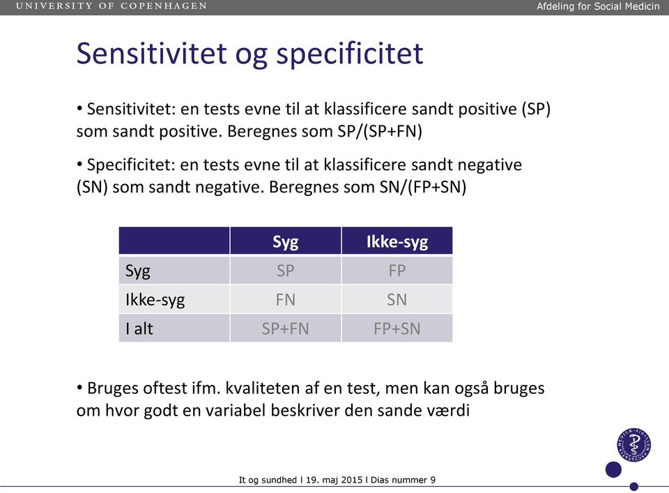 Beregnes som SN/(FP+SN) Syg Ikke-syg Syg SP FP Ikke-syg FN SN I alt SP+FN FP+SN Bruges oftest ifm.