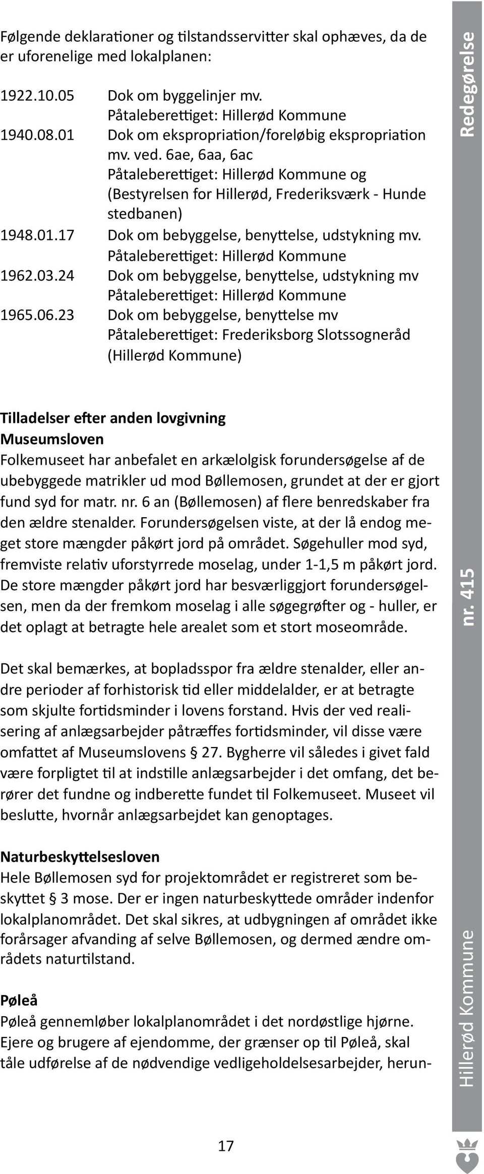 Påtaleberettiget: Hillerød Kommune 1962.03.24 Dok om bebyggelse, benyttelse, udstykning mv Påtaleberettiget: Hillerød Kommune 1965.06.