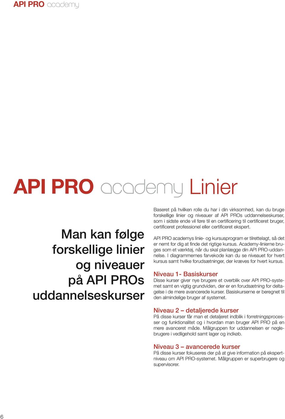 API PRO academys linie- og kursusprogram er tilrettelagt, så det er nemt for dig at finde det rigtige kursus. Academy-linierne bruges som et værktøj, når du skal planlægge din API PRO-uddannelse.