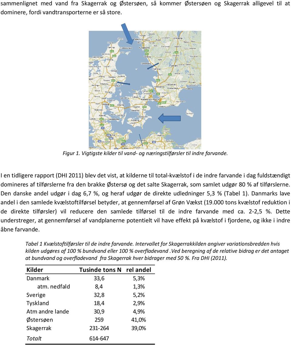 I en tidligere rapport (DHI 2011) blev det vist, at kilderne til total-kvælstof i de indre farvande i dag fuldstændigt domineres af tilførslerne fra den brakke Østersø og det salte Skagerrak, som
