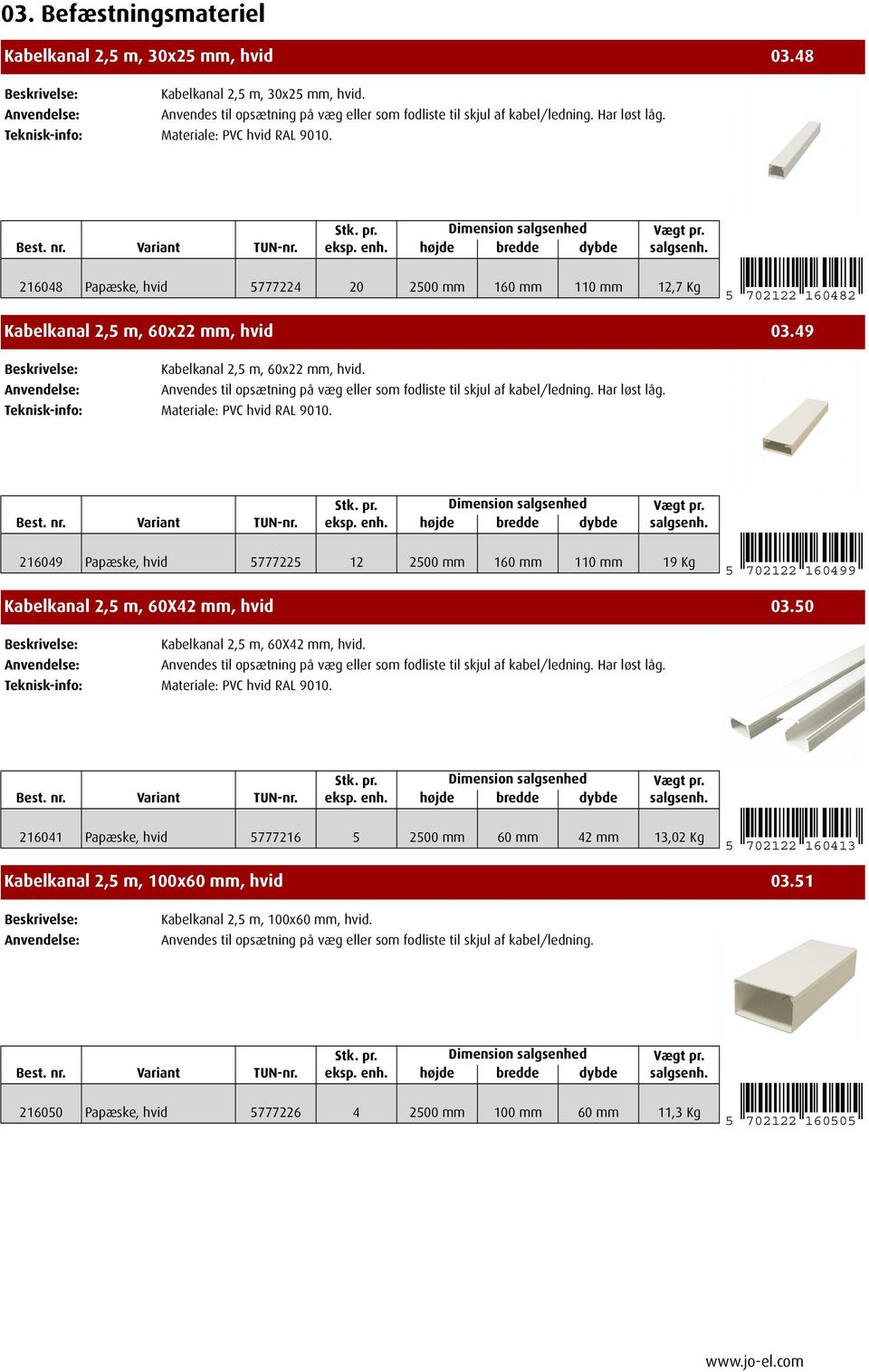 Materiale: PVC hvid RAL 9010. 216049 Papæske, hvid 5777225 12 2500 mm 160 mm 110 mm 19 Kg 5 702122 160499 Kabelkanal 2,5 m, 60X42 mm, hvid 03.50 Kabelkanal 2,5 m, 60X42 mm, hvid.