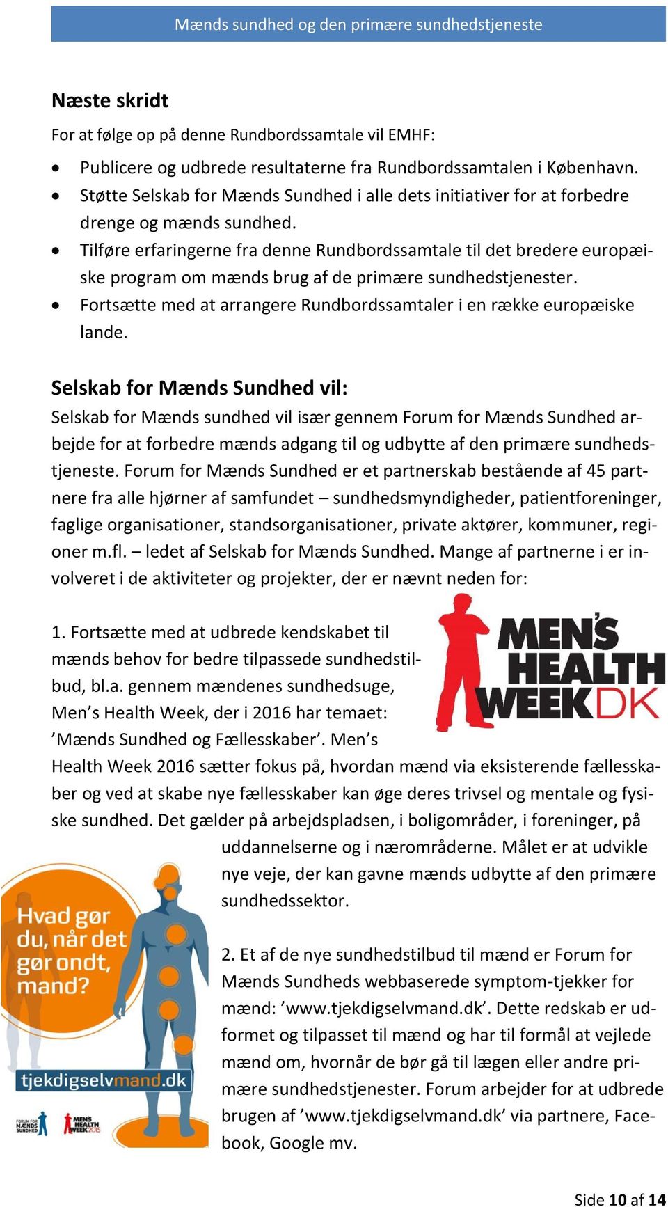 Tilføre erfaringerne fra denne Rundbordssamtale til det bredere europæiske program om mænds brug af de primære sundhedstjenester.
