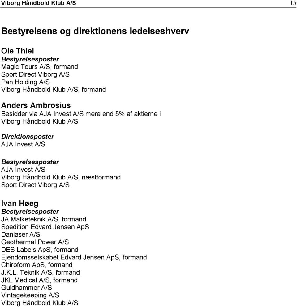 Håndbold Klub A/S, næstformand Sport Direct Viborg A/S Ivan Høeg Bestyrelsesposter JA Malketeknik A/S, formand Spedition Edvard Jensen ApS Danlaser A/S Geothermal Power A/S DES Labels