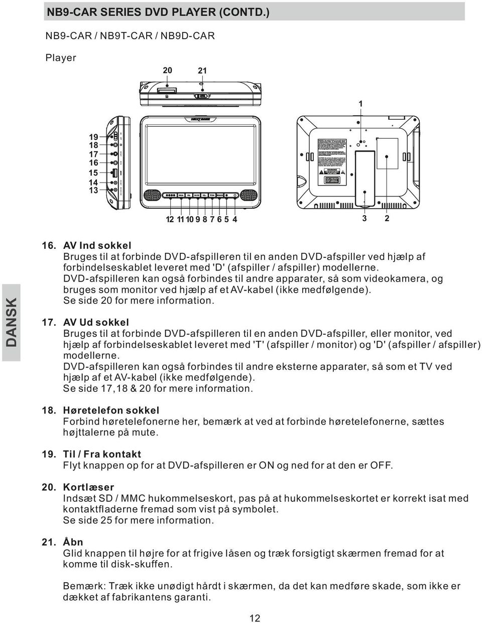 DVD-afspilleren kan også forbindes til andre apparater, så som videokamera, og bruges som monitor ved hjælp af et AV-kabel (ikke medfølgende). Se side 20 for mere information. 17.