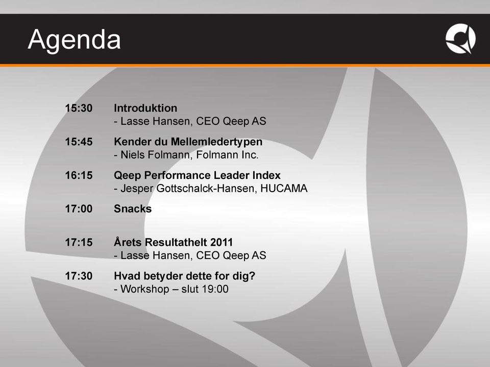 16:15 Qeep Performance Leader Index - Jesper Gottschalck-Hansen, HUCAMA 17:00