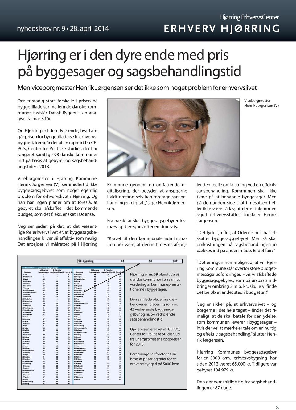 Viceborgmester Henrik Jørgensen (V) Og Hjørring er i den dyre ende, hvad angår prisen for byggetilladelse til erhvervsbyggeri, fremgår det af en rapport fra CE- POS, Center for Politiske studier, der