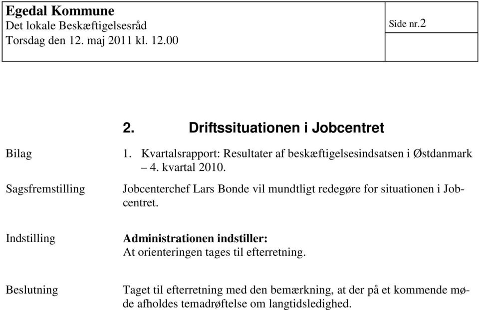 Jobcenterchef Lars Bonde vil mundtligt redegøre for situationen i Jobcentret.