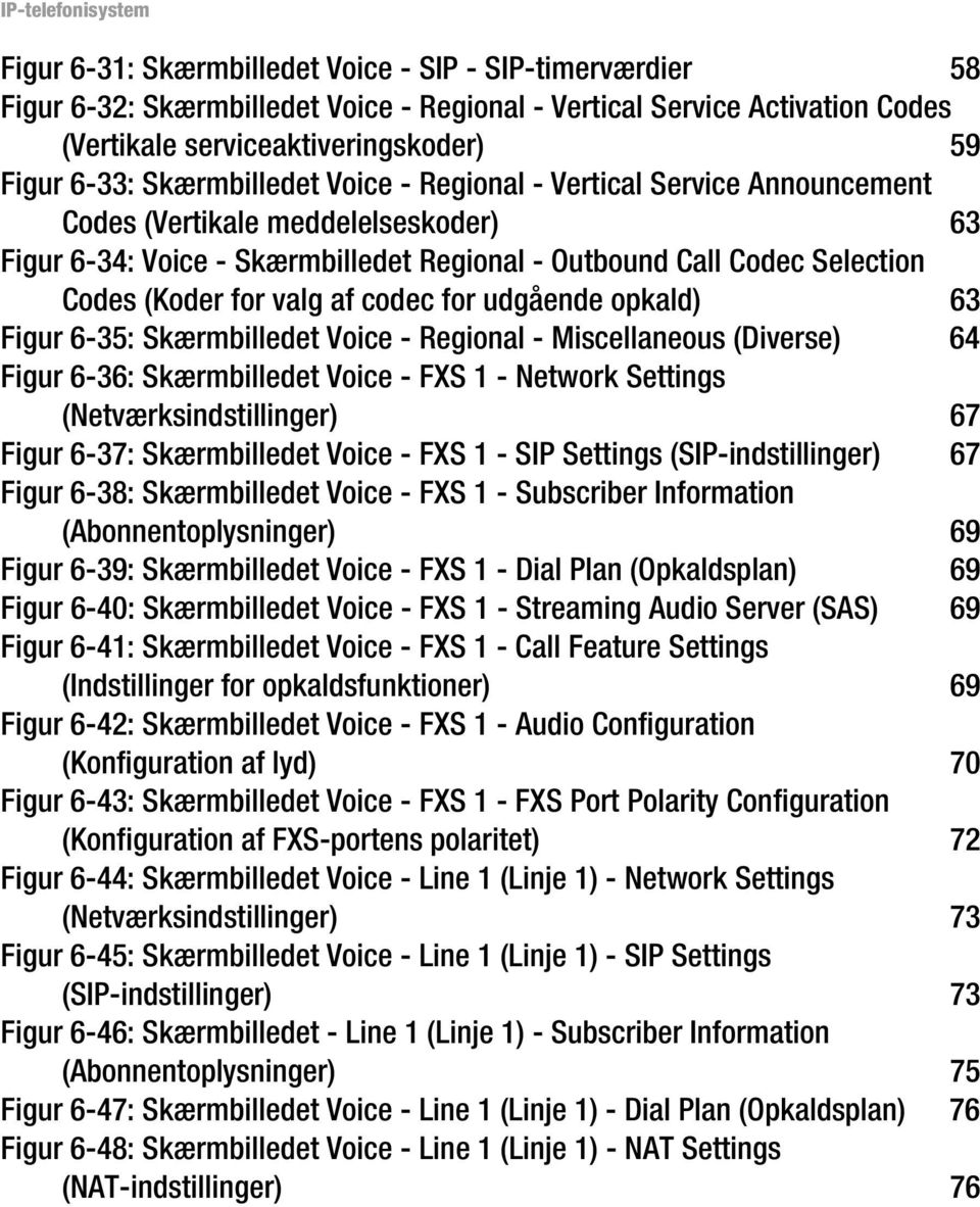 (Koder for valg af codec for udgående opkald) 63 Figur 6-35: Skærmbilledet Voice - Regional - Miscellaneous (Diverse) 64 Figur 6-36: Skærmbilledet Voice - FXS 1 - Network Settings