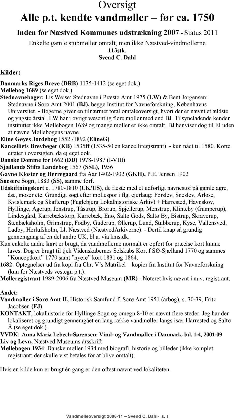 ) Stednavnebøger: Lis Weise: Stednavne i Præstø Amt 1975 (LW) & Bent Jørgensen: Stednavne i Sorø Amt 2001 (BJ), begge Institut for Navneforskning, Københavns Universitet.