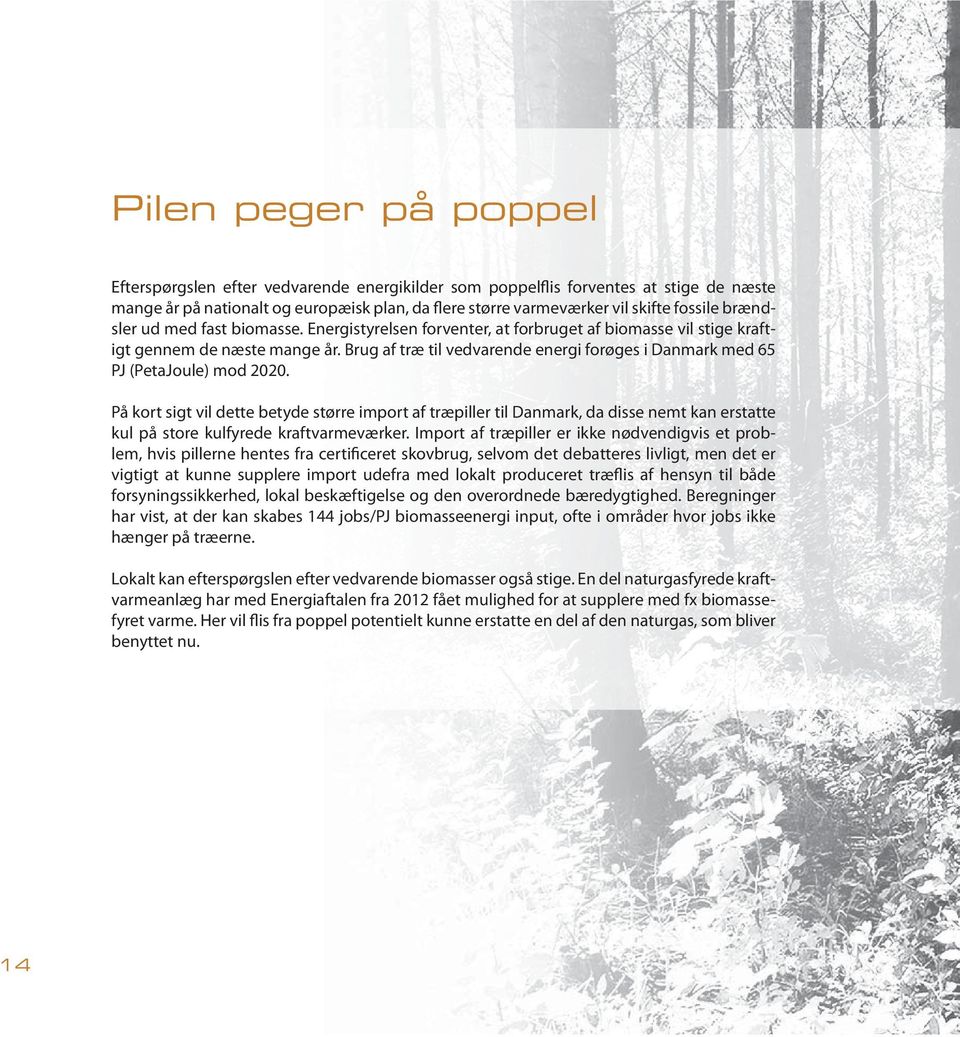 Brug af træ til vedvarende energi forøges i Danmark med 65 PJ (PetaJoule) mod 2020.