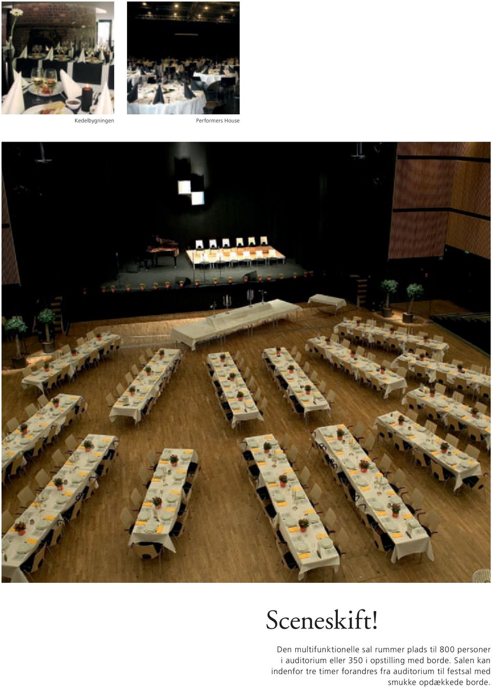 auditorium eller 350 i opstilling med borde.