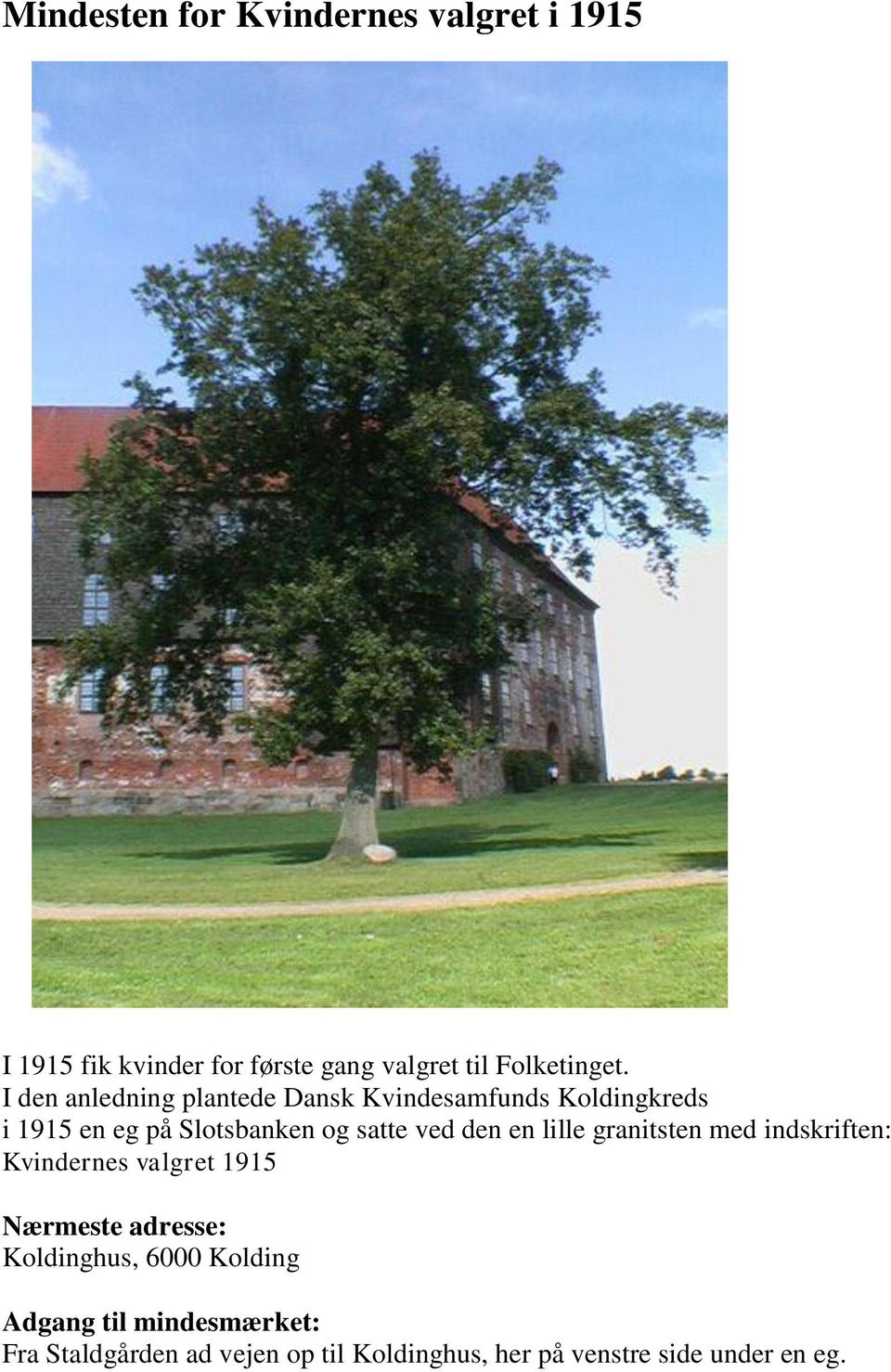 I den anledning plantede Dansk Kvindesamfunds Koldingkreds i 1915 en eg på Slotsbanken og satte