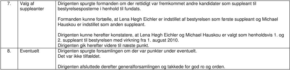 Dirigenten kunne herefter konstatere, at Lena Høgh Eichler og Michael Hauskou er valgt som henholdsvis 1. og 2. suppleant til bestyrelsen med virkning fra 1. august 2010.