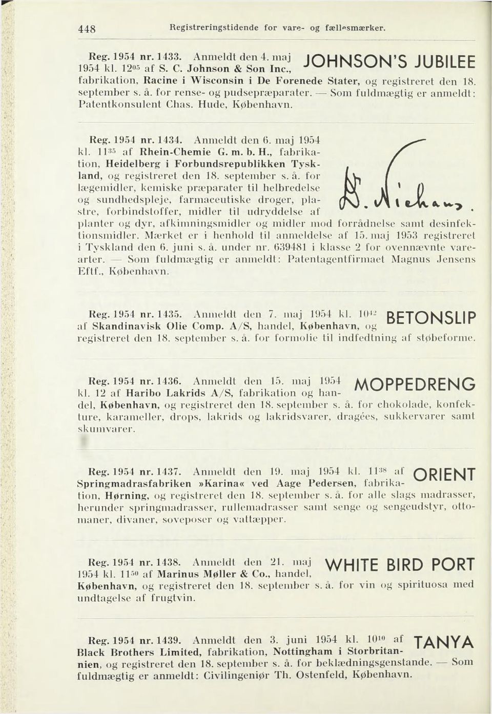 Hude, København. Reg. 1954 nr. 1434. Anmeldt den 6. maj 1954 kl. 1135 af Rhein-Chemie G. m. b. H., fabrikation, Heidelberg i Forbundsrepublikken Tyskland, og registreret den 18. september s. å.