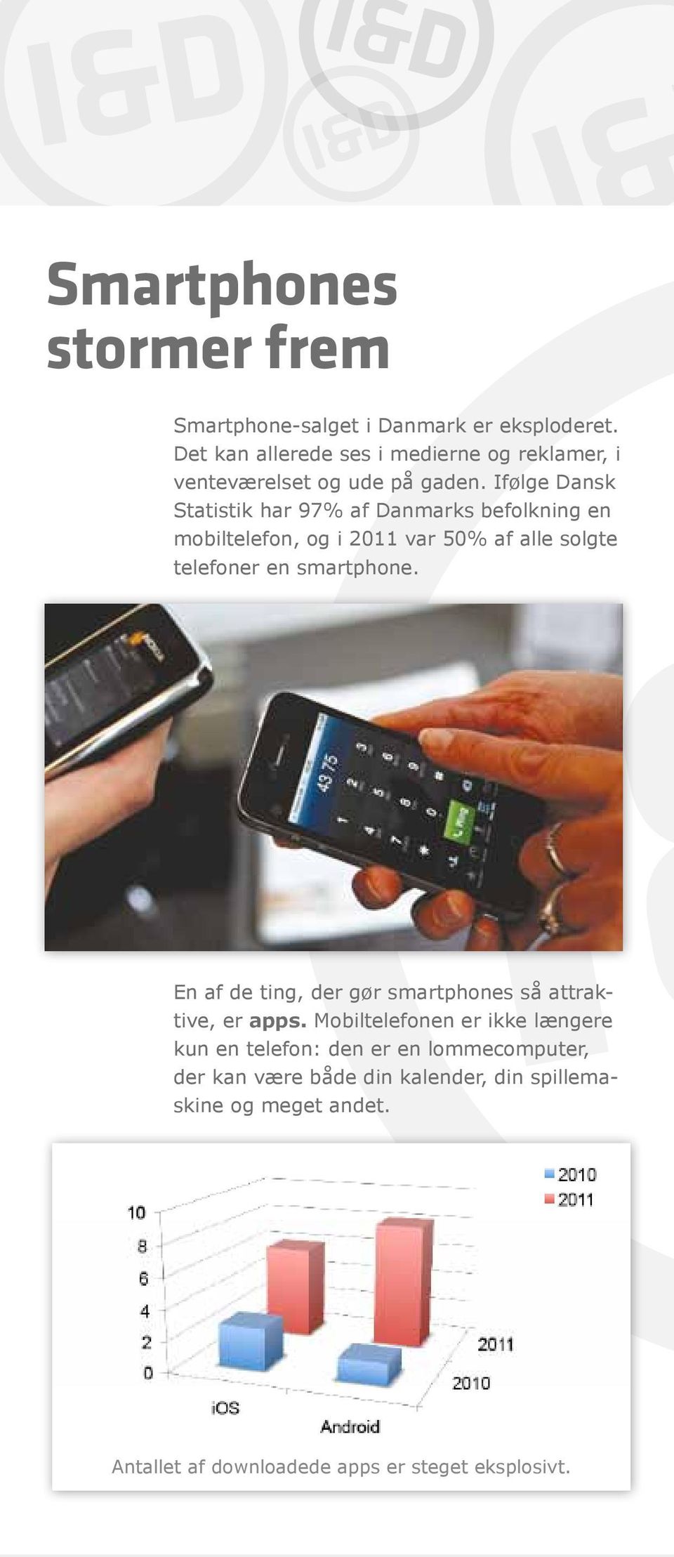 Ifølge Dansk Statistik har 97% af Danmarks befolkning en mobiltelefon, og i 2011 var 50% af alle solgte telefoner en smartphone.