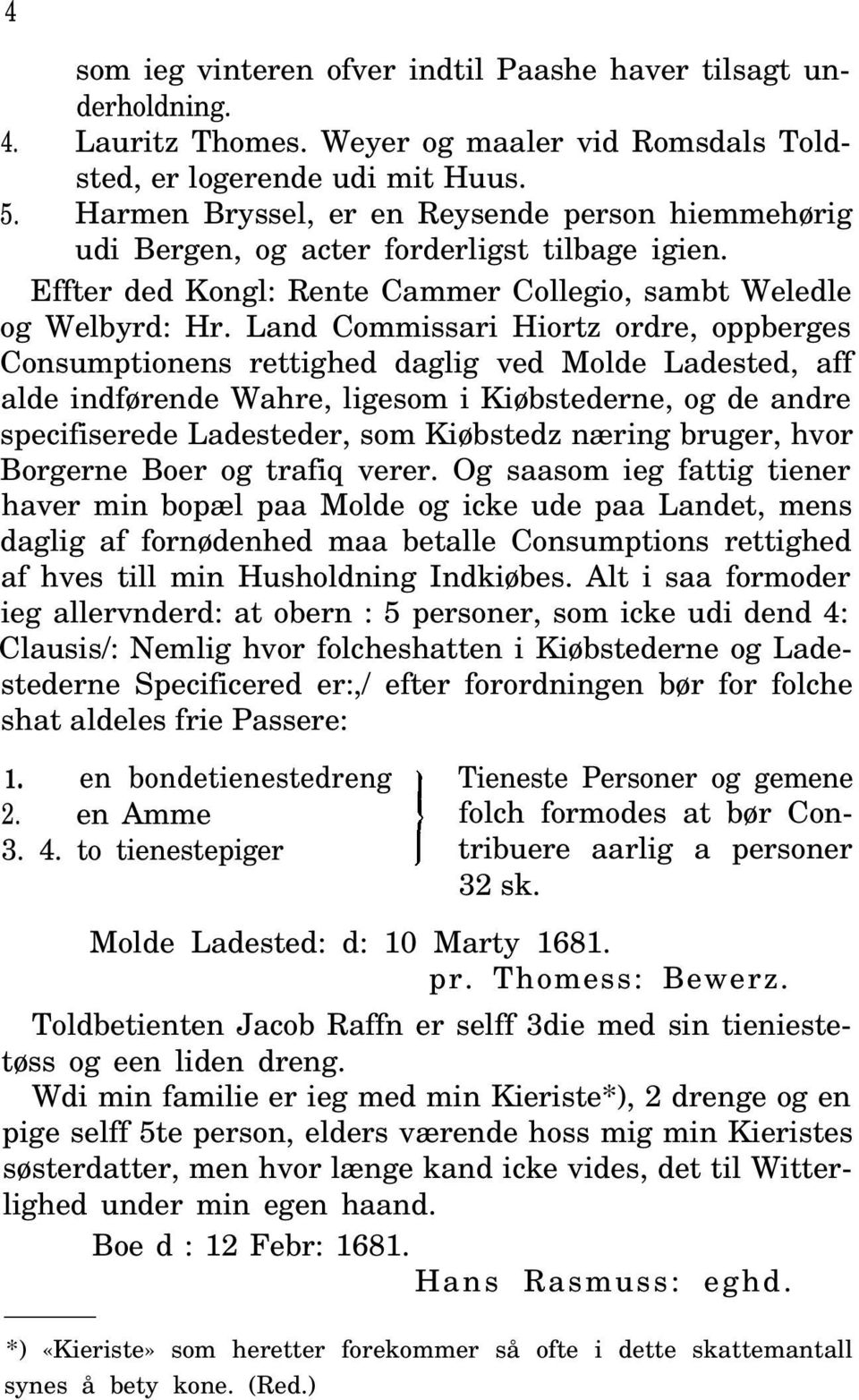 Land Commissari Hiortz ordre, oppberges Consumptionens rettighed daglig ved Molde Ladested, aff alde indførende Wahre, ligesom i Kiøbstederne, og de andre specifiserede Ladesteder, som Kiøbstedz