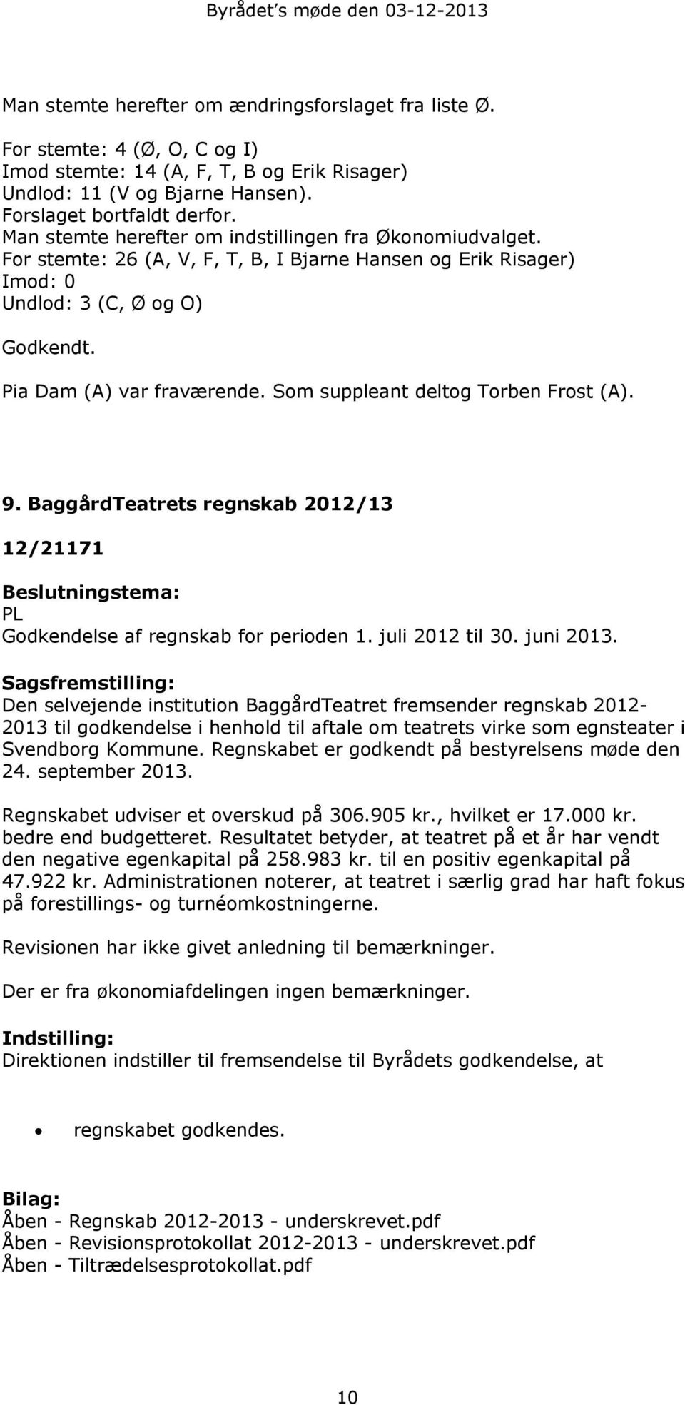 Pia Dam (A) var fraværende. Som suppleant deltog Torben Frost (A). 9. BaggårdTeatrets regnskab 2012/13 12/21171 Beslutningstema: PL Godkendelse af regnskab for perioden 1. juli 2012 til 30. juni 2013.