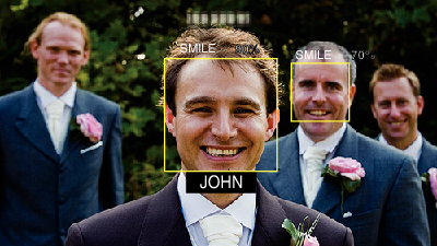 Optagelse Indstilling af SMIL%/VISNING AF NAVN SMILE%/NAME DISPLAY lader dig indstille elementerne til at blive vist, når ansigter påvises.