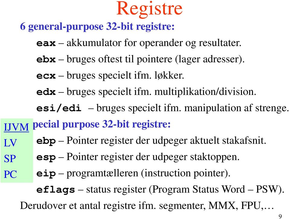 IJVM4 special purpose 32-bit registre: LV ebp Pointer register der udpeger aktuelt stakafsnit. SP esp Pointer register der udpeger staktoppen.