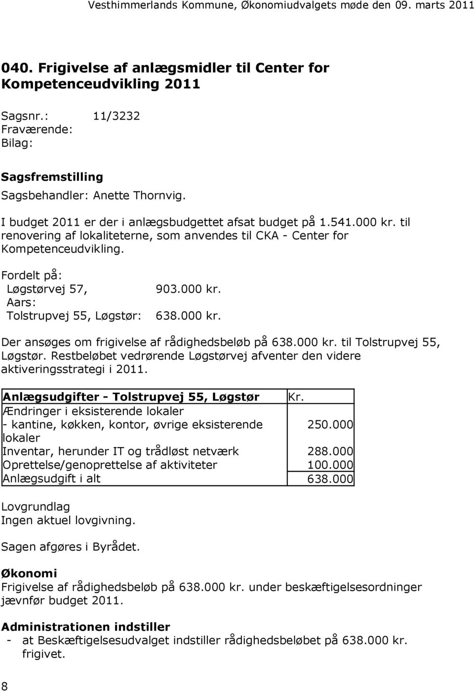 Fordelt på: Løgstørvej 57, Aars: Tolstrupvej 55, Løgstør: 903.000 kr. 638.000 kr. Der ansøges om frigivelse af rådighedsbeløb på 638.000 kr. til Tolstrupvej 55, Løgstør.