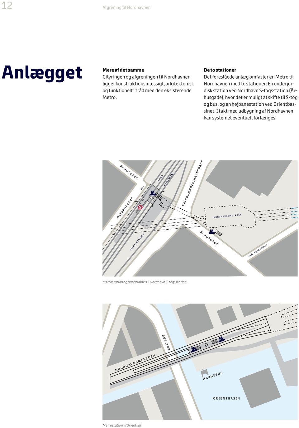 De to stationer Det foreslåede anlæg omfatter en Metro til Nordhavnen med to stationer: En underjordisk station ved Nordhavn S-togsstation (Århusgade), hvor det er muligt at skifte til