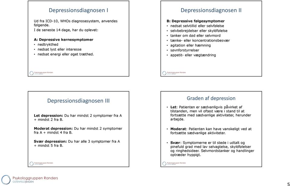Depressionsdiagnosen II B: Depressive følgesymptomer nedsat selvtillid eller selvfølelse selvbebrejdelser eller skyldfølelse tanker om død eller selvmord tænke- eller koncentrationsbesvær agitation