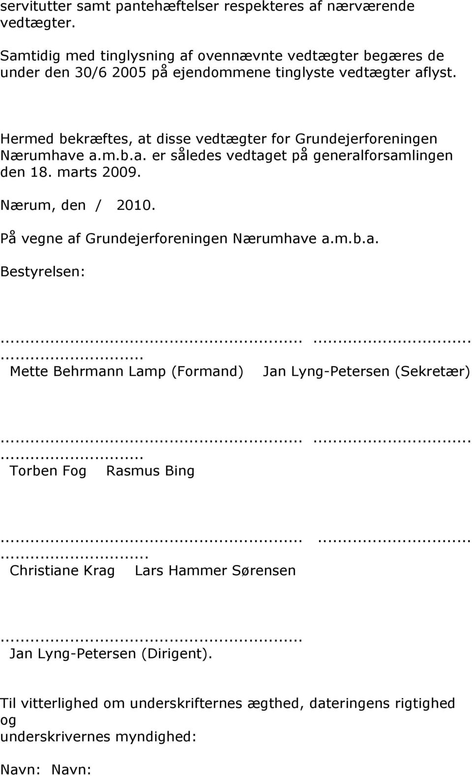 Hermed bekræftes, at disse vedtægter for Grundejerforeningen Nærumhave a.m.b.a. er således vedtaget på generalforsamlingen den 18. marts 2009. Nærum, den / 2010.