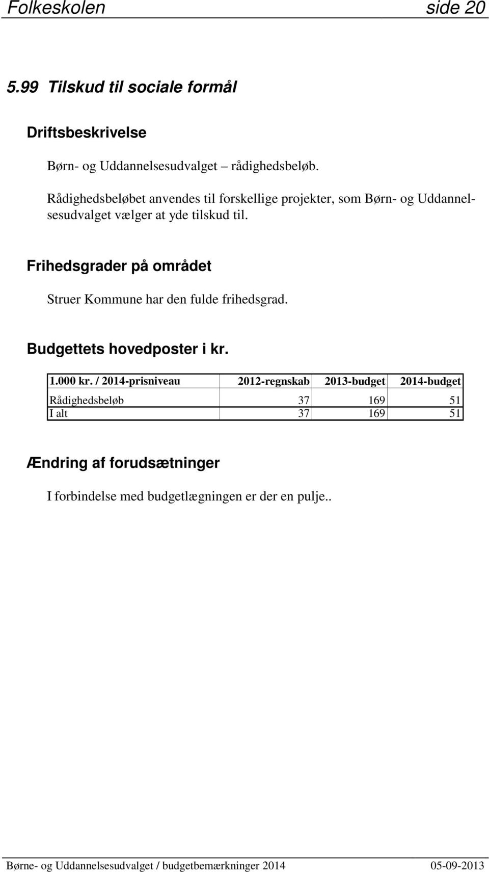 tilskud til. Struer Kommune har den fulde frihedsgrad. Budgettets hovedposter i kr.