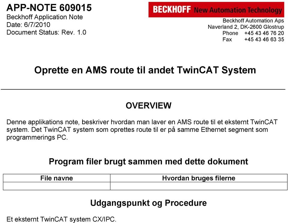 note, beskriver hvordan man laver en AMS route til et eksternt TwinCAT system.