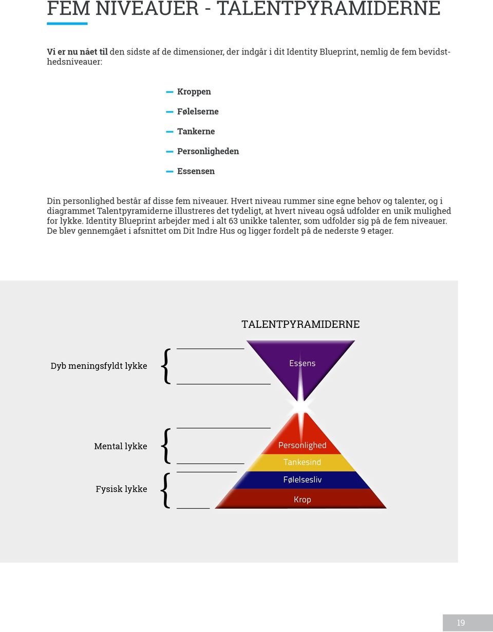 Hvert niveau rummer sine egne behov og talenter, og i diagrammet Talentpyramiderne illustreres det tydeligt, at hvert niveau også udfolder en unik mulighed for lykke.