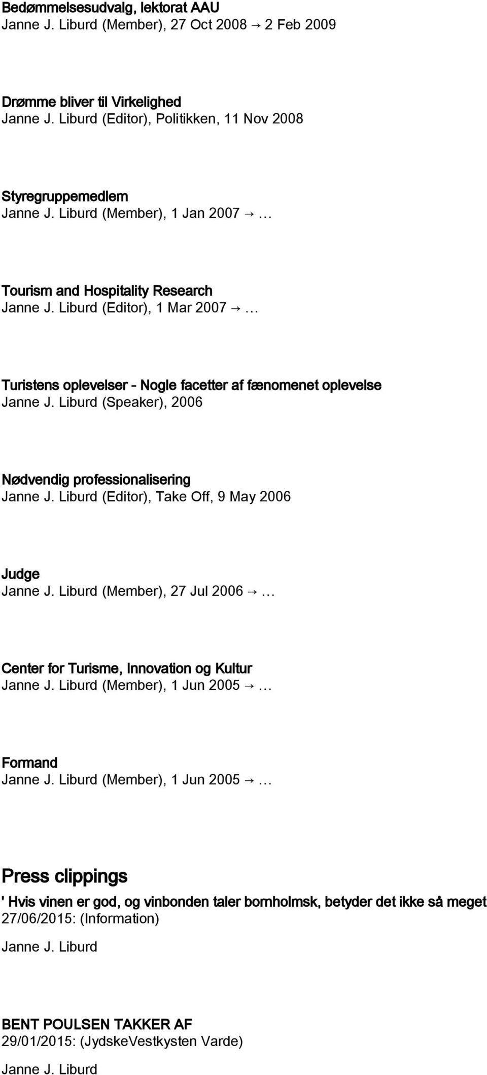 professionalisering (Editor), Take Off, 9 May 2006 Judge (Member), 27 Jul 2006 Center for Turisme, Innovation og Kultur (Member), 1 Jun 2005 Formand (Member), 1 Jun