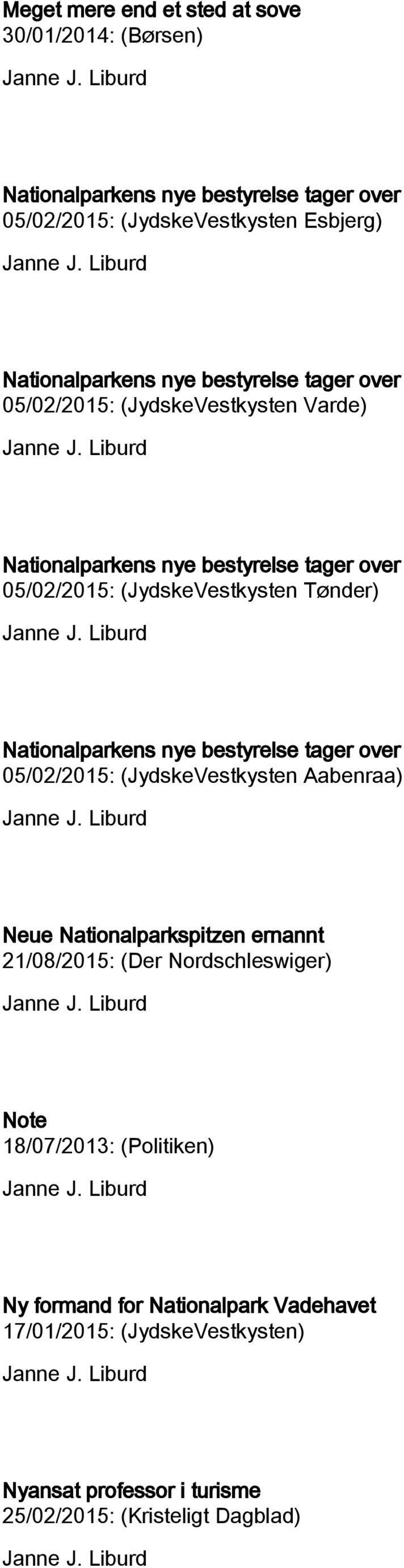 Nationalparkens nye bestyrelse tager over 05/02/2015: (JydskeVestkysten Aabenraa) Neue Nationalparkspitzen ernannt 21/08/2015: (Der Nordschleswiger)