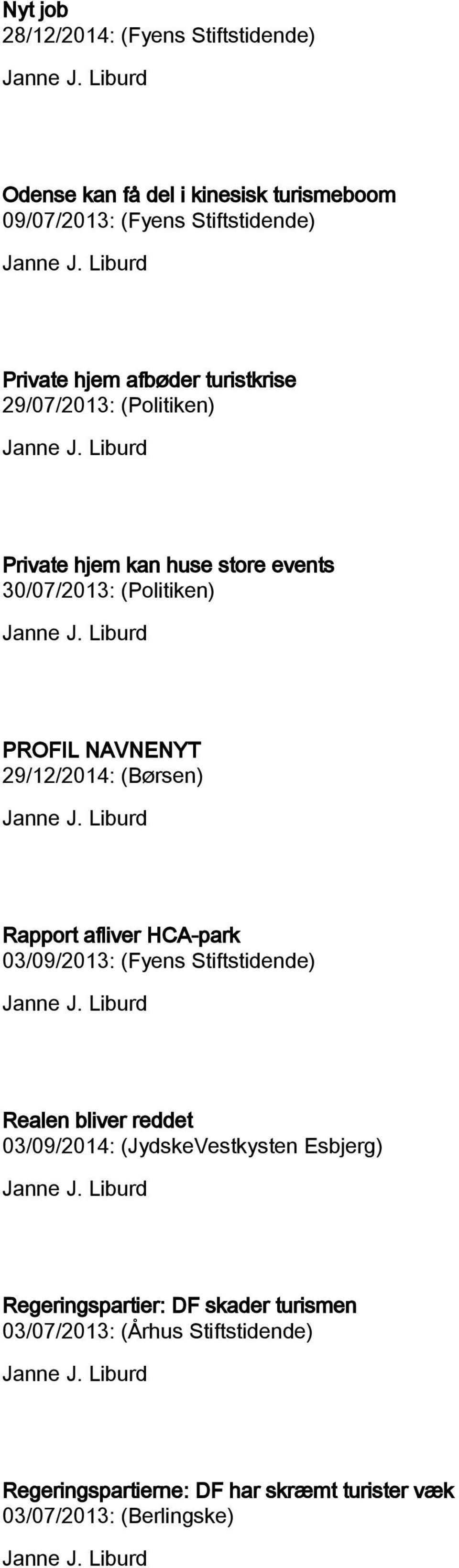 (Børsen) Rapport afliver HCA-park 03/09/2013: (Fyens Stiftstidende) Realen bliver reddet 03/09/2014: (JydskeVestkysten Esbjerg)