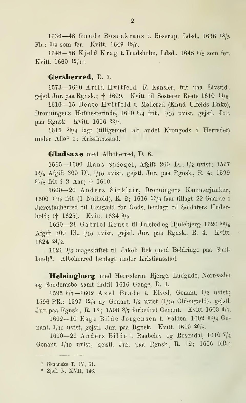 Møllerød (Knud Ulfeids Enke), Dronningens Hofmesterinde, 1610 6/4 frit, 1/10 uvist, gejstl. Jur. paa Rgnsk. Kvitt. 1616 22/4.