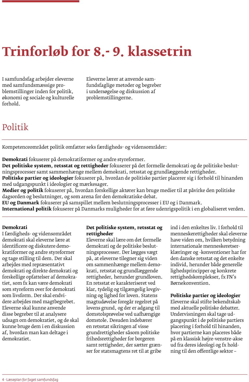 Politik Kompetenceområdet politik omfatter seks færdigheds- og vidensområder: Demokrati fokuserer på demokratiformer og andre styreformer.