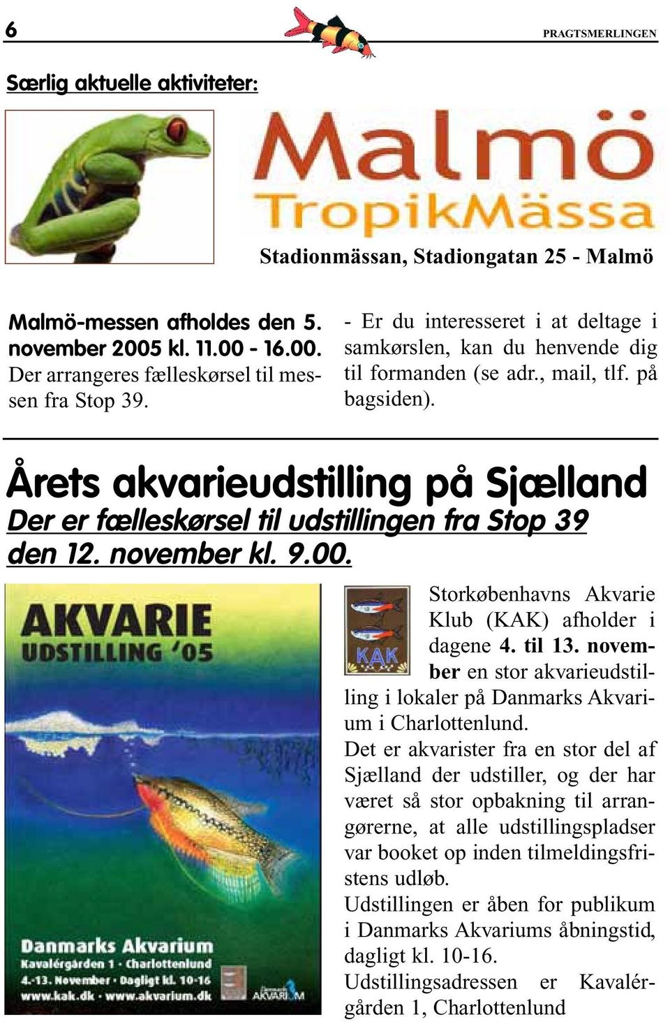 Årets akvarieudstilling på Sjælland Der er fælleskørsel til udstillingen fra Stop 39 den 12. november kl. 9.00. Storkøbenhavns Akvarie Klub (KAK) afholder i dagene 4. til 13.