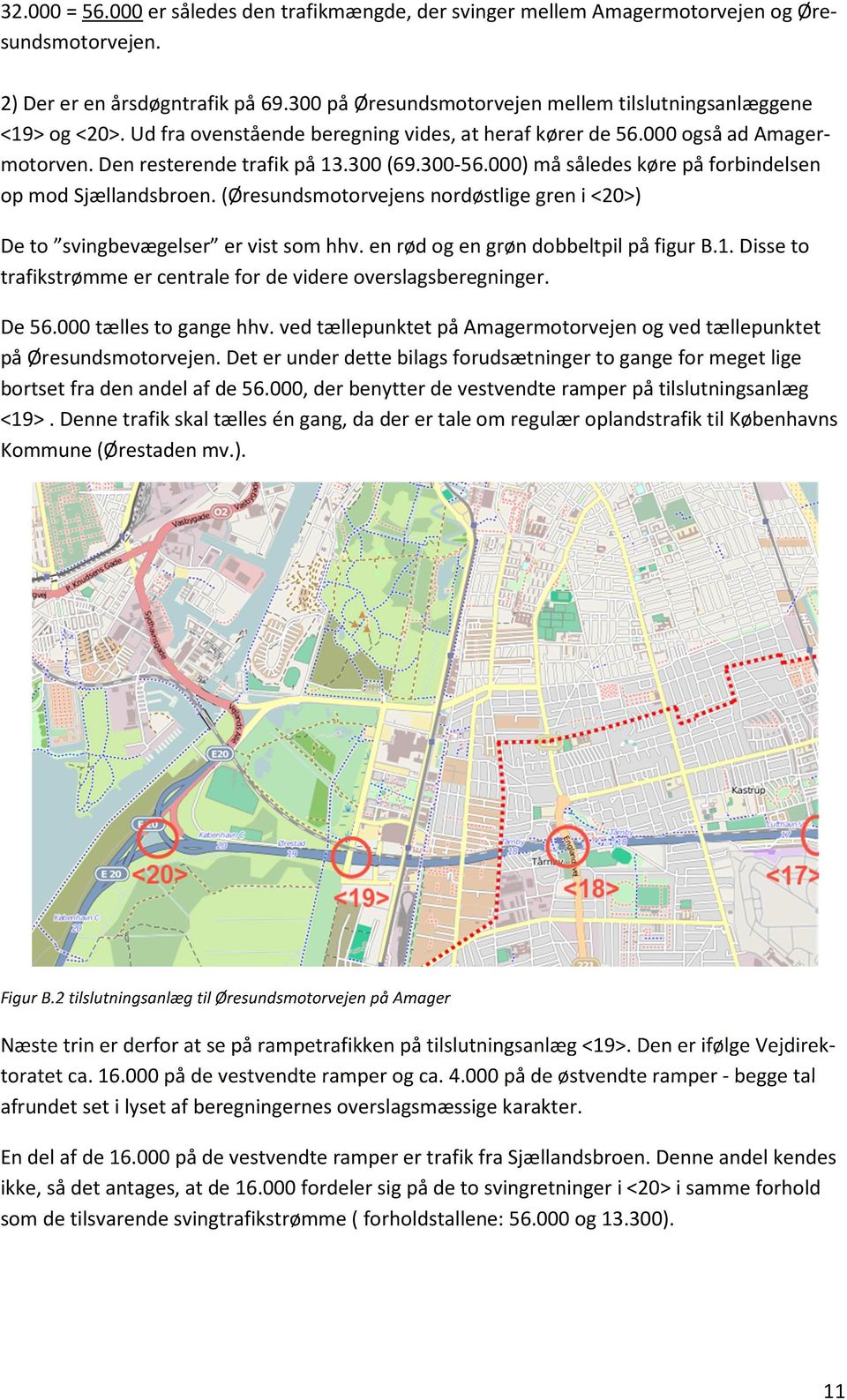 000) må således køre på forbindelsen op mod Sjællandsbroen. (Øresundsmotorvejens nordøstlige gren i <20>) De to svingbevægelser er vist som hhv. en rød og en grøn dobbeltpil på figur B.1.