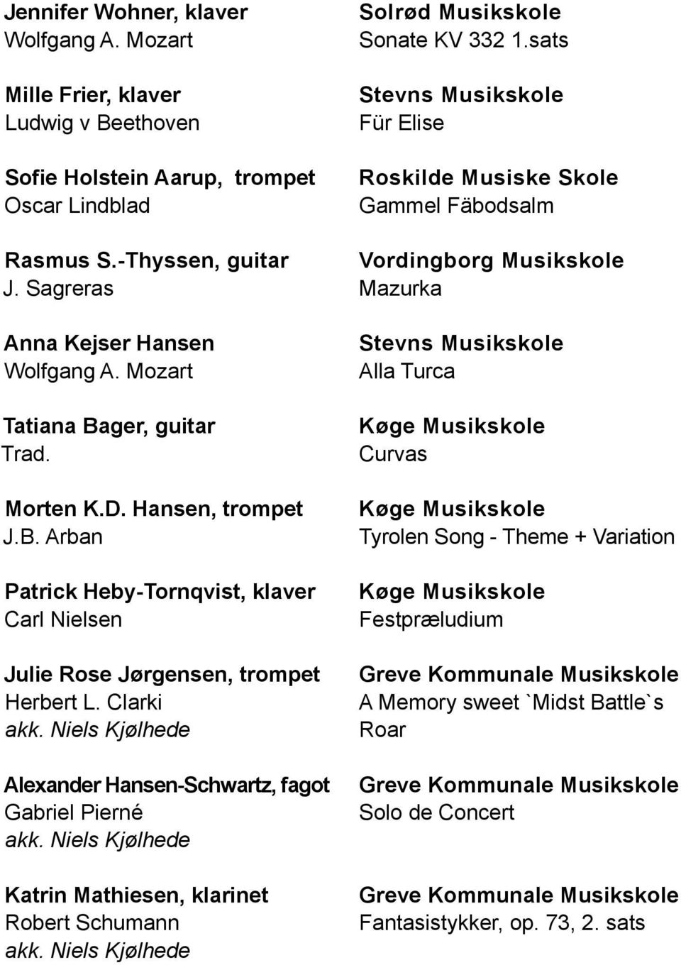 Mozart Tatiana Bager, guitar Trad. Morten K.D. Hansen, trompet J.B. Arban Patrick Heby-Tornqvist, klaver Carl Nielsen Julie Rose Jørgensen, trompet Herbert L. Clarki akk.