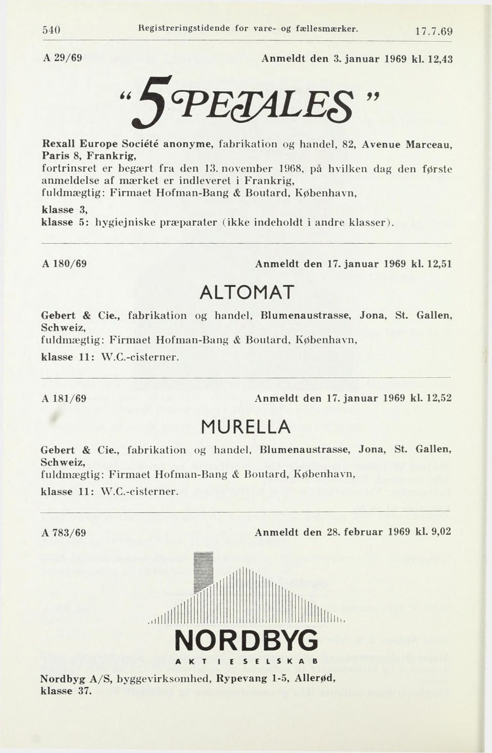 november 1968, på hvilken dag den første anmeldelse af mærket er indleveret i Frankrig, fuldmægtig: Firmaet Hofman-Bang & Boutard, København, klasse 3, klasse 5: hygiejniske præparater (ikke
