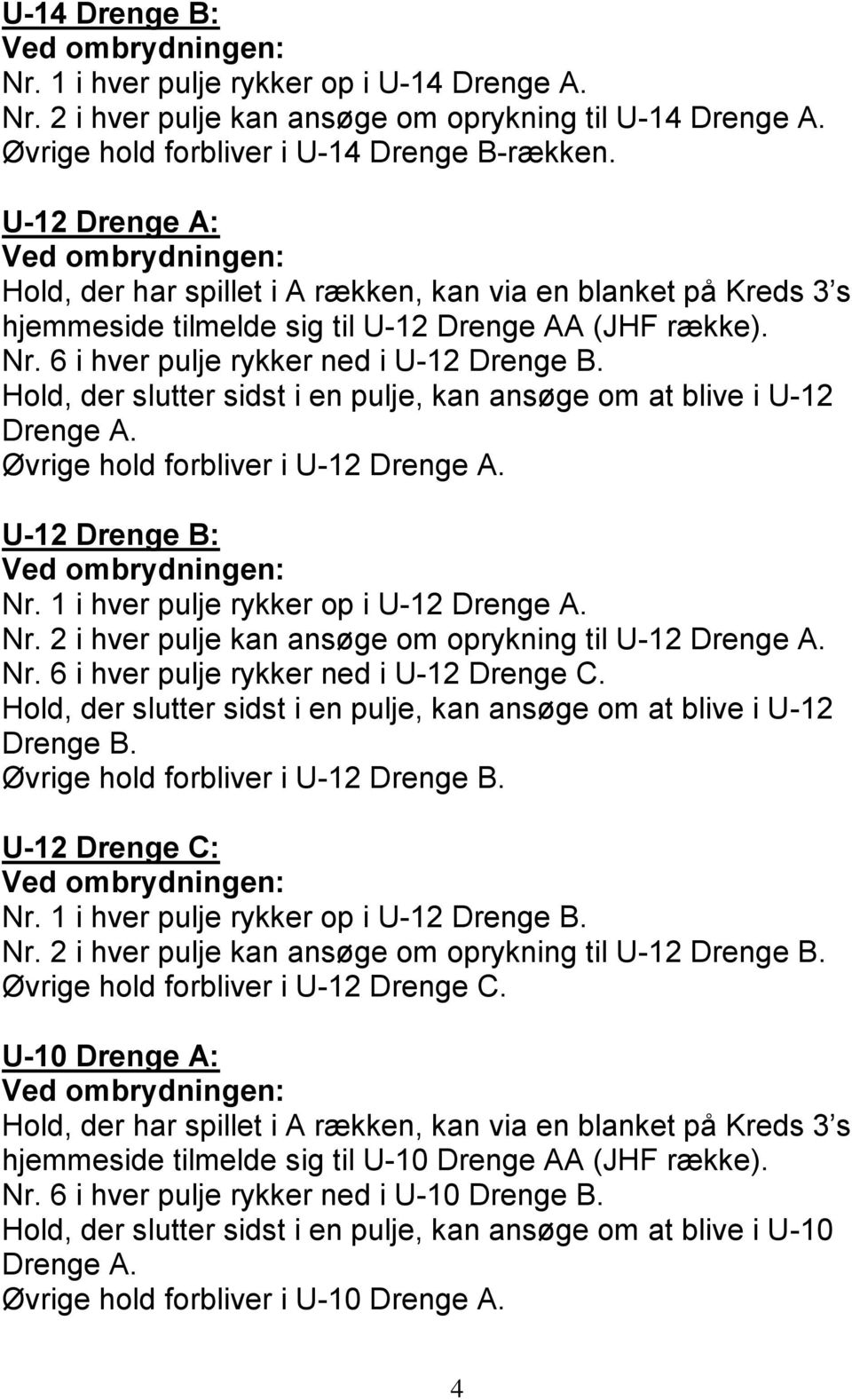 Øvrige hold forbliver i U-12 Drenge A. U-12 Drenge B: Nr. 1 i hver pulje rykker op i U-12 Drenge A. Nr. 2 i hver pulje kan ansøge om oprykning til U-12 Drenge A. Nr. 6 i hver pulje rykker ned i U-12 Drenge C.