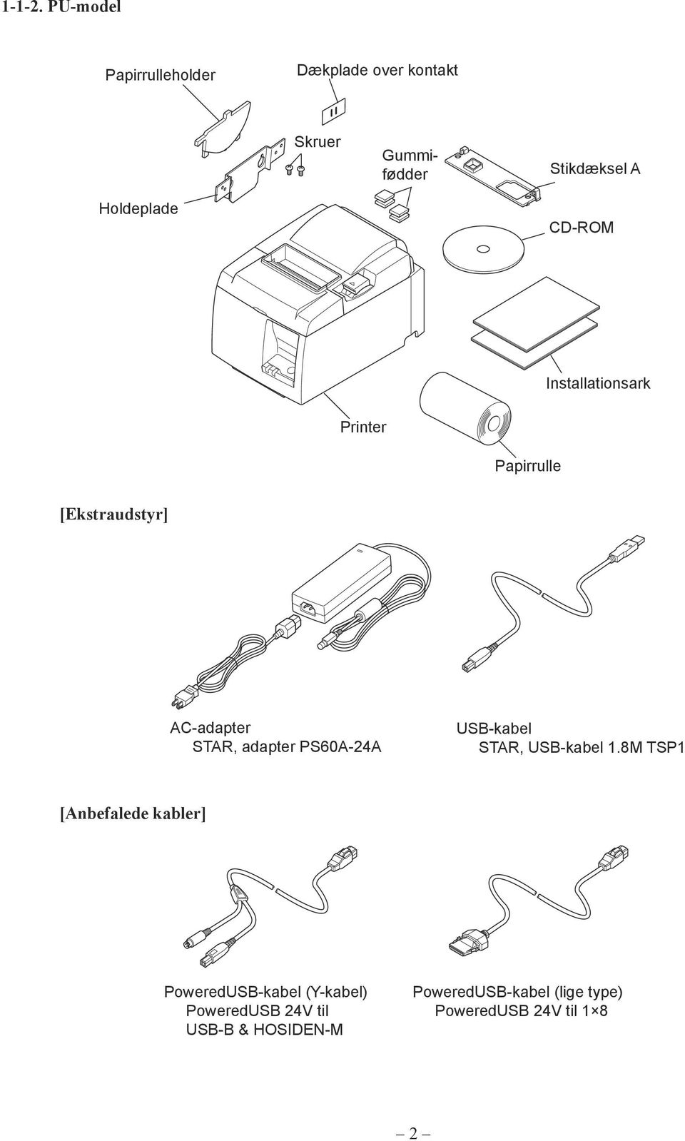 CD-ROM Installationsark Printer Papirrulle [Ekstraudstyr] AC-adapter STAR, adapter