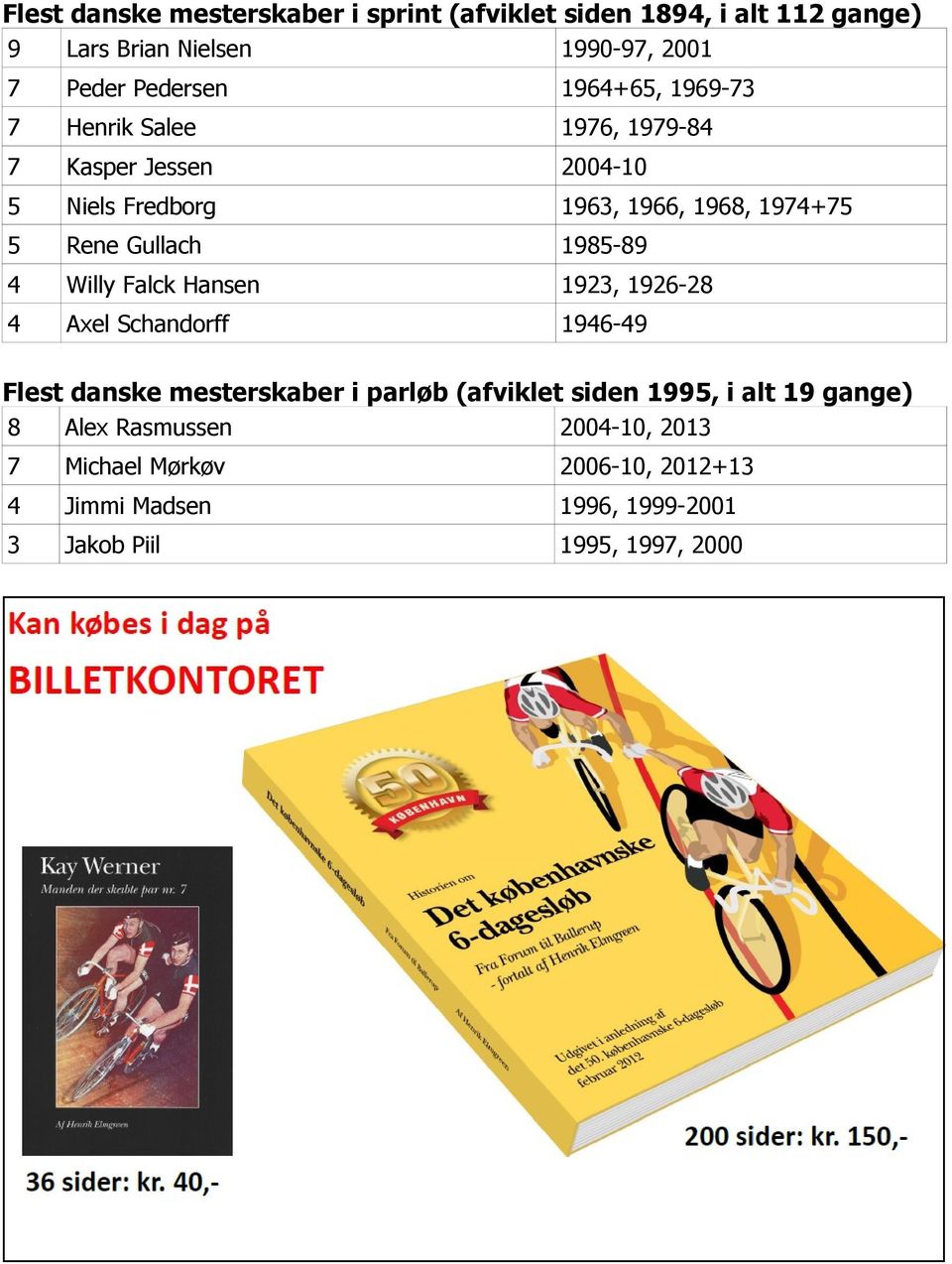 1985-89 4 Willy Falck Hansen 1923, 1926-28 4 Axel Schandorff 1946-49 Flest danske mesterskaber i parløb (afviklet siden 1995, i